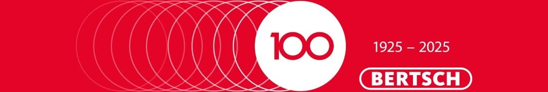 Red banner for Bertsch 100-year anniversary (1925-2025) with repeating circle motif.
