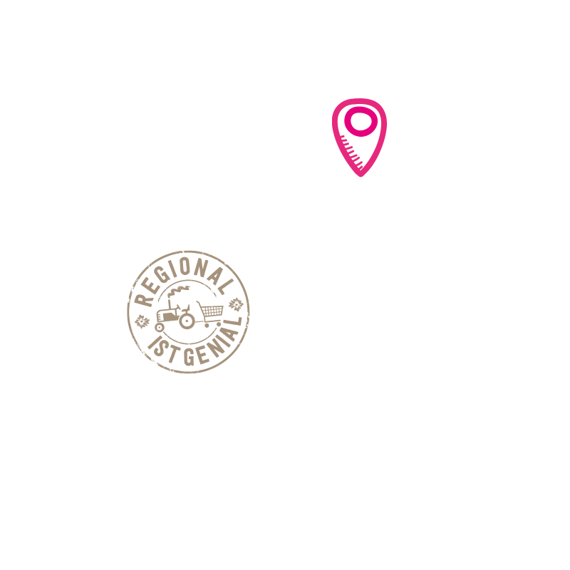 A map showing regional boundaries with a pink location pin and a "REGIONAL IST GENIAL" stamp.