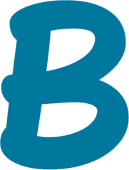 A stylized teal blue letter B on a dark green background.