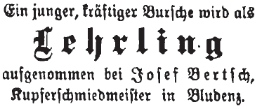 German text in Fraktur font announcing Josef Bertsch's apprentice.