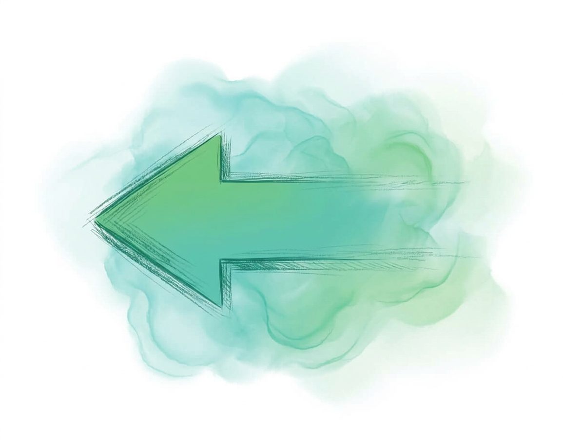 Green arrow pointing left, surrounded by abstract green and blue watercolor clouds.