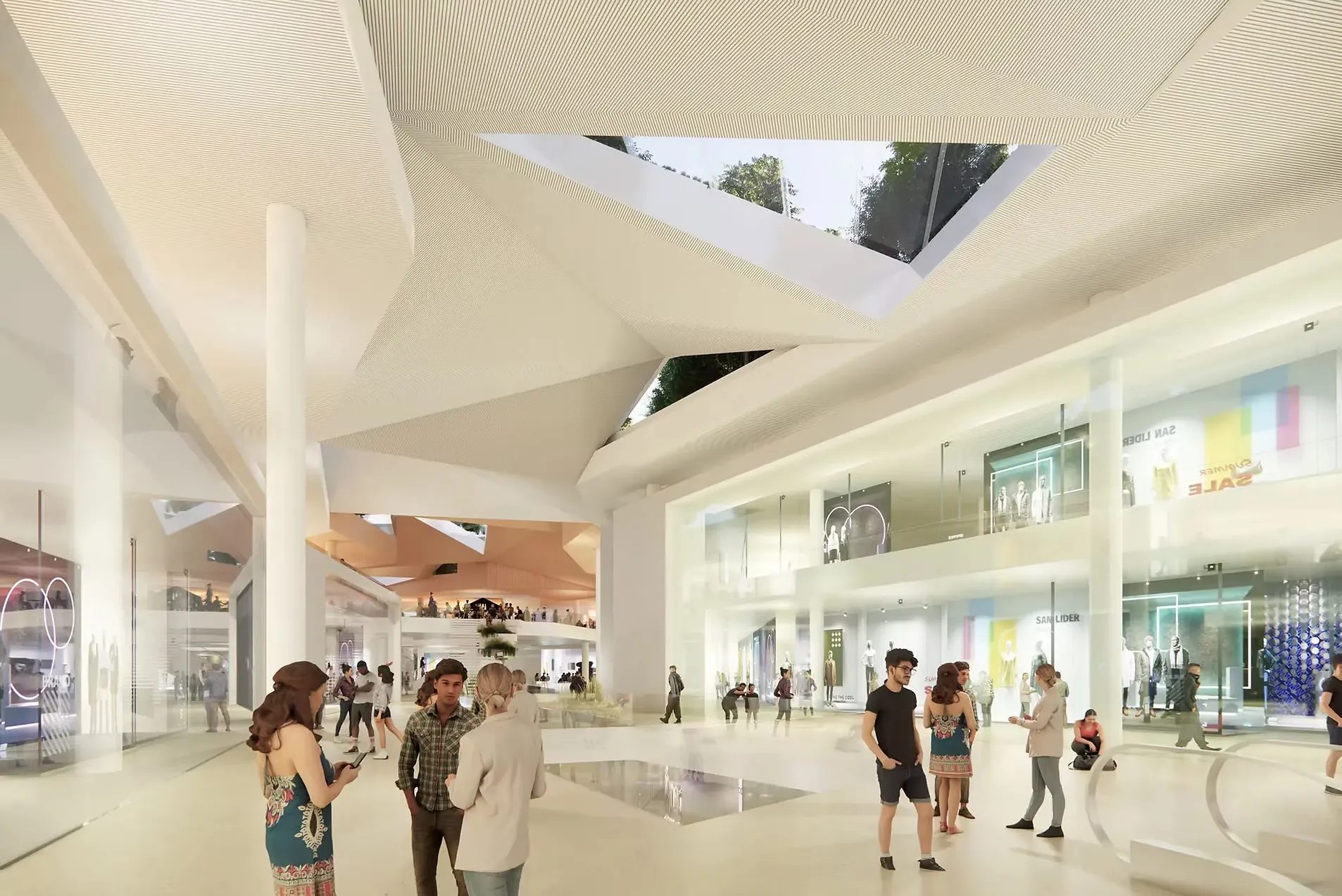 Modern shopping mall interior with people, unique architectural ceiling, skylights, and various storefronts.