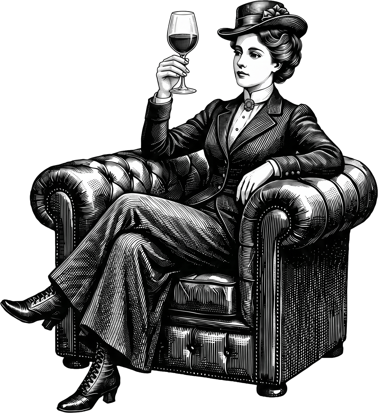 A vintage engraving of a woman in a hat and suit sitting in an armchair, holding a glass of wine.