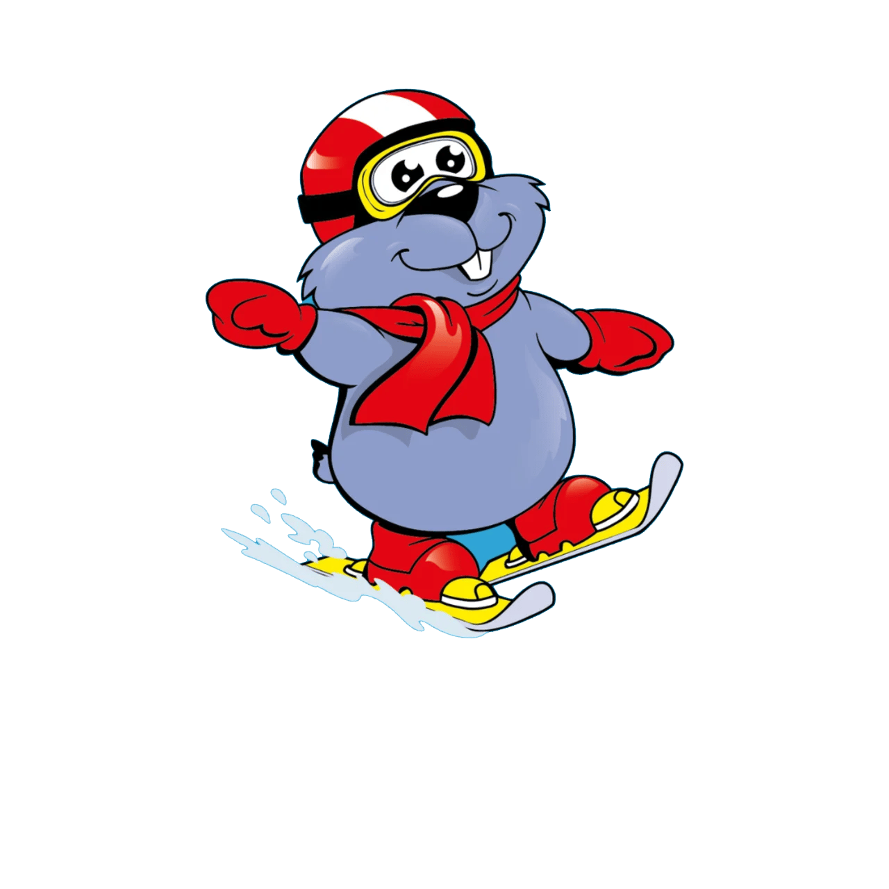 Happy cartoon marmot snowboarding, wearing a red helmet, yellow goggles, red scarf, and red gloves.