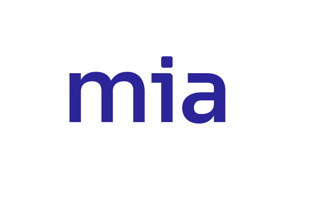 The word "mia" in blue on a green background.