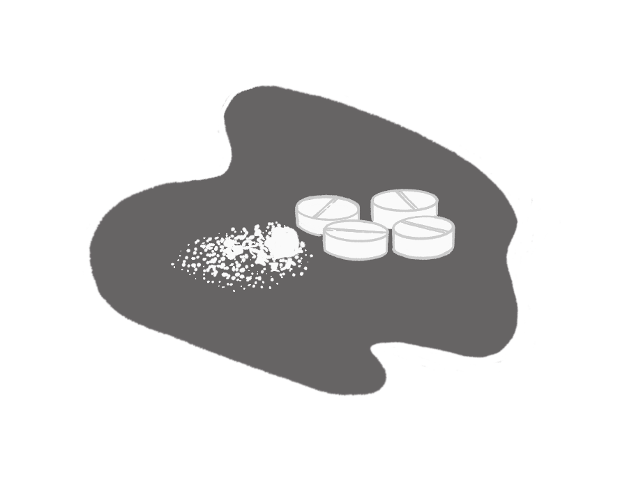 Small Illustration of opioid pills, one of them is crushed. 