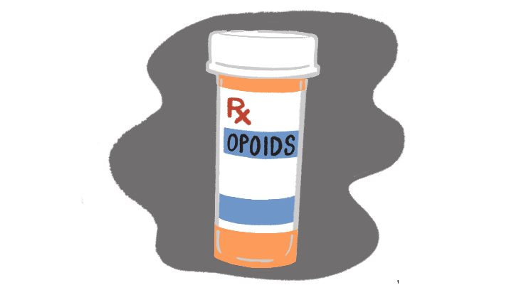 Small Illustration of an orange pill bottle with a prescription symbol and opioids written on it