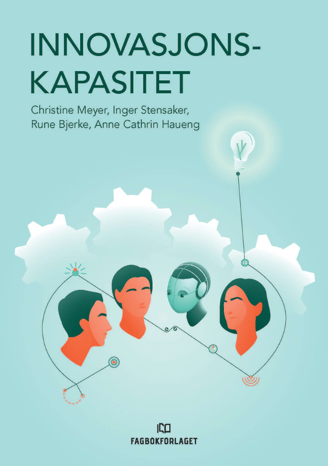 Book cover: 'INNOVASJONS-KAPASITET' with human/robot heads, gears, and a lightbulb on blue.