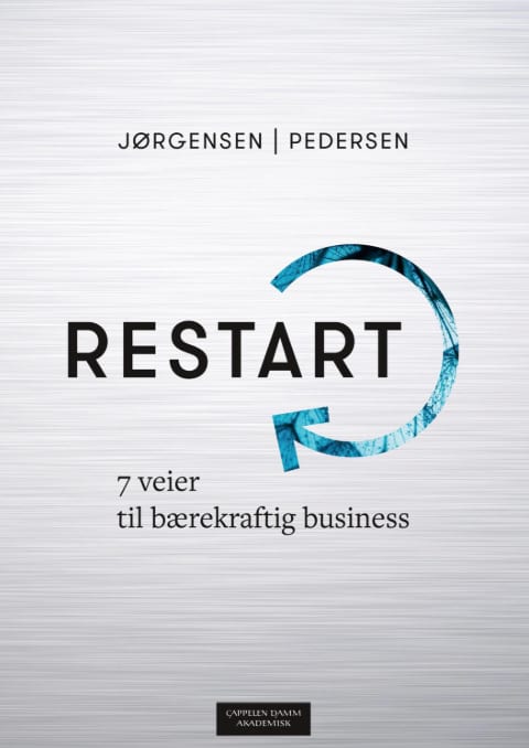RESTART book cover: Blue arrow cycle, black text. By Jørgensen & Pedersen.