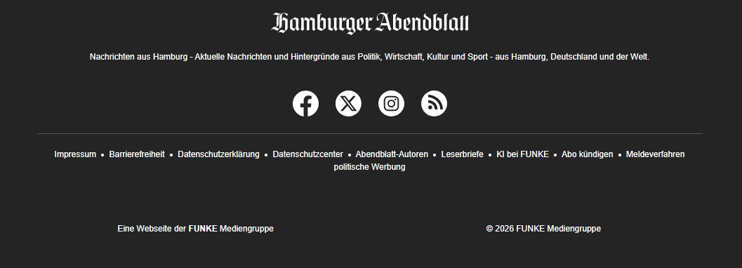 Hamburger Abendblatt website footer with logo, tagline, social media icons, navigation links, and copyright.