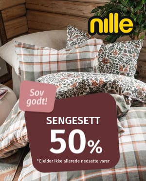 Nille bedding set with plaid and floral patterns, 50% off.