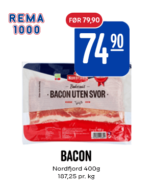 Rema 1000 ad: Nordfjord Bacon uten svor, 400g. Was 79,90, now 74,90.