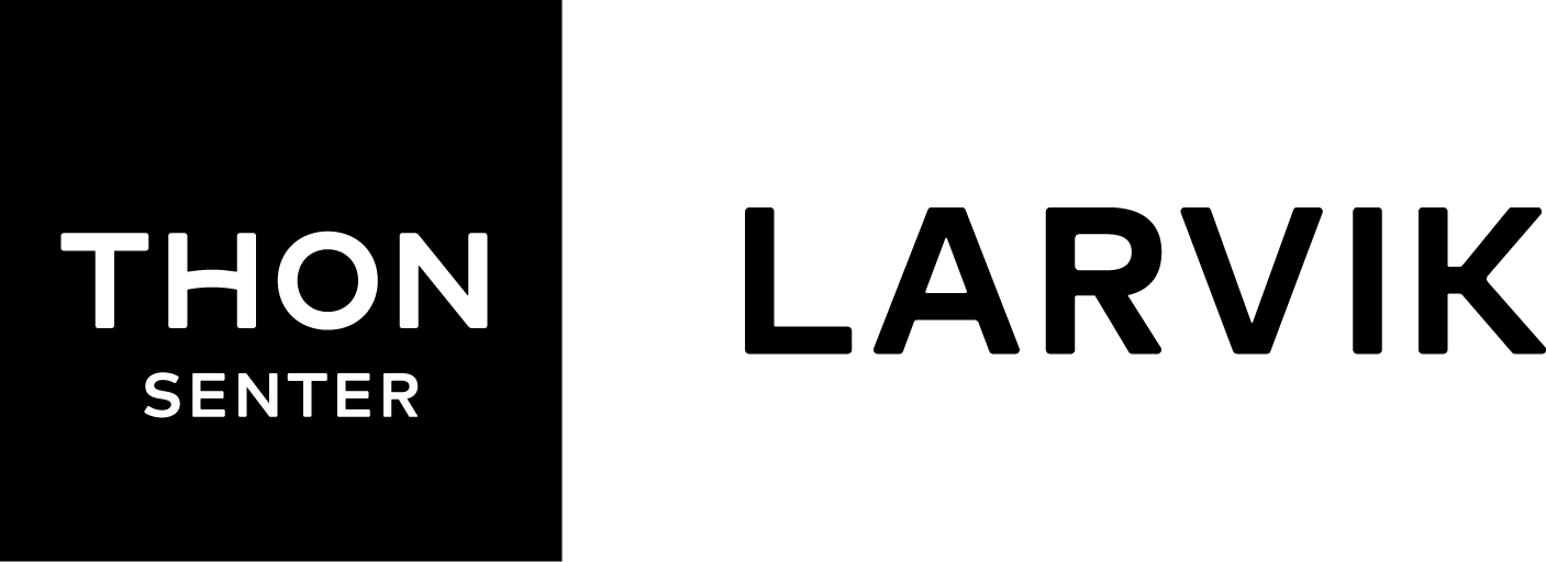 Logo with 'THON SENTER' in white on black, and 'LARVIK' in dark gray on green.