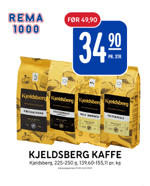 REMA 1000: Kjeldsberg coffee, 225-250g, 34,90 NOK (was 49,90).