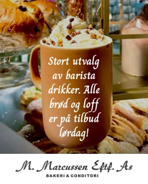 Barista drink mug with whipped cream amid bakery items. Text: "Great barista drinks. All bread on sale Saturday! M. Marcussen bakery."