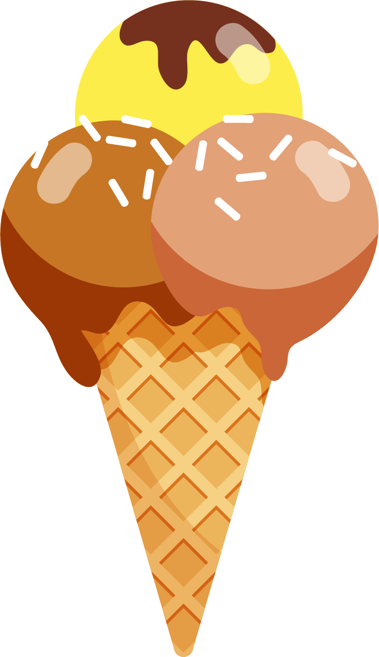 Three-scoop ice cream cone: yellow with chocolate, two brown/orange with sprinkles.