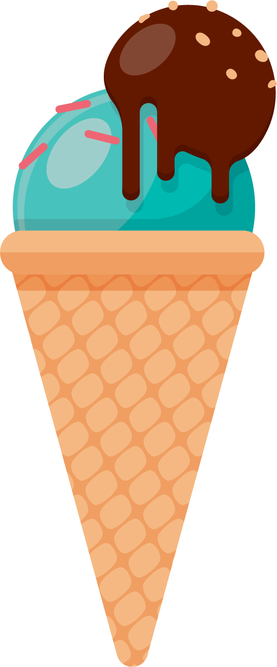 A cartoon ice cream cone with two scoops: chocolate with sprinkles and blue with sprinkles, in a waffle cone.