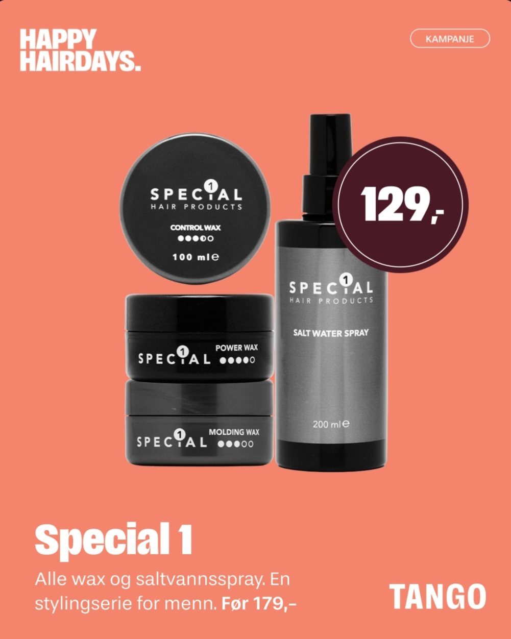 Ad: Special 1 men's hair products (waxes, salt spray) on offer for 129,- (was 179,-).