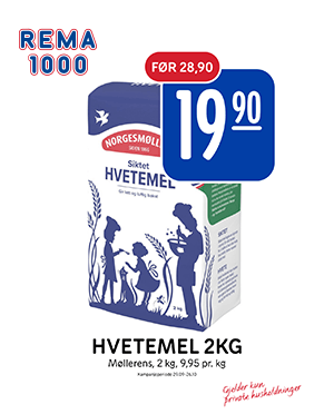 REMA 1000 ad for Norgesmøll Hvetemel (wheat flour), 2kg, on sale for 19,90.