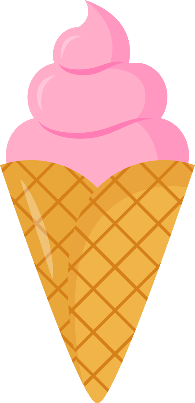 A cartoon-style image of a pink ice cream scoop in a waffle cone.