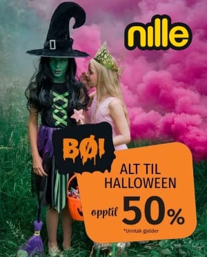 Nille Halloween ad: Kids in witch & princess costumes with pink smoke. Up to 50% off Halloween items.