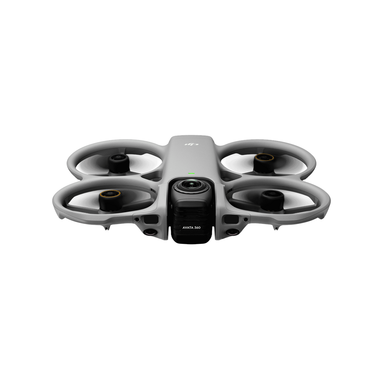 A gray DJI Avata 360 drone with its camera pointed forward, viewed from an elevated angle.