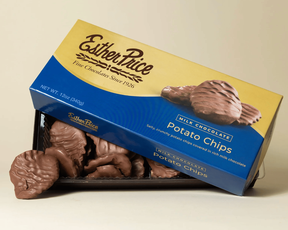 Partially open box of Esther Price chocolate-covered potato chips