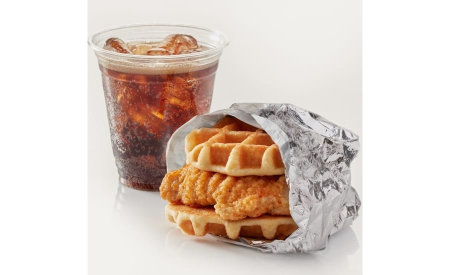 Fast food, Foil wrapper, Waffle sandwich, Breaded chicken, Plastic cup with soda