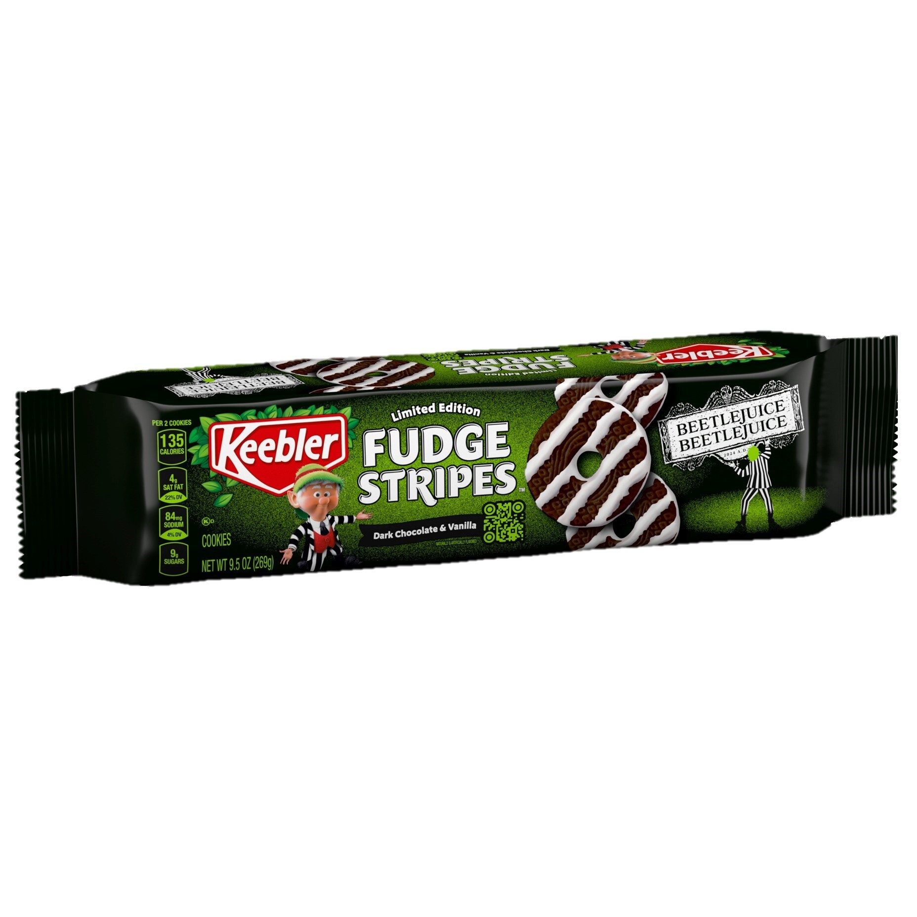 Keebler Fudge Stripes Beetlejuice Beetlejuice packaging, black and green.