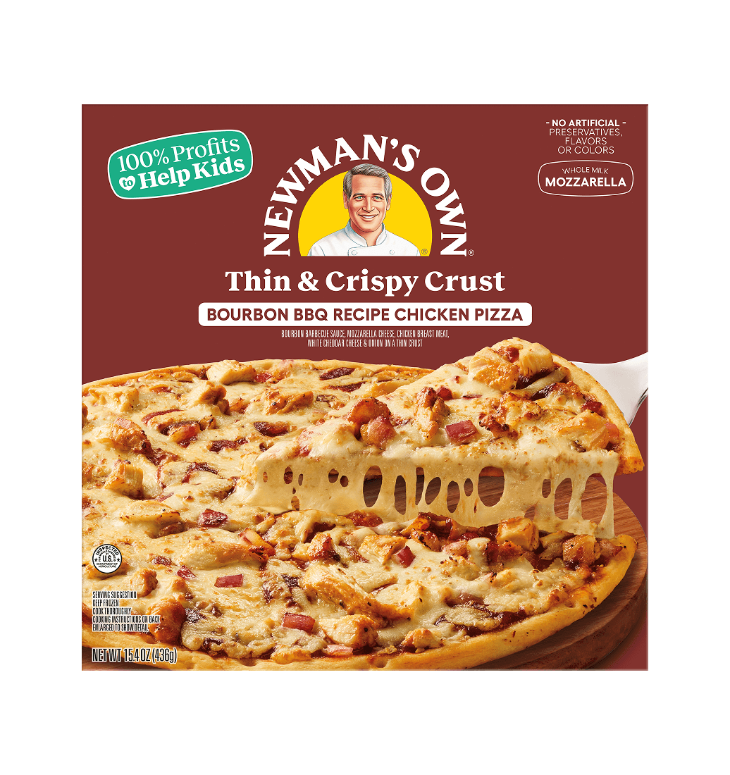 Newman's Own Thin & Crispy Bourbon BBQ Chicken Pizza with a slice being lifted, showing a cheese pull.