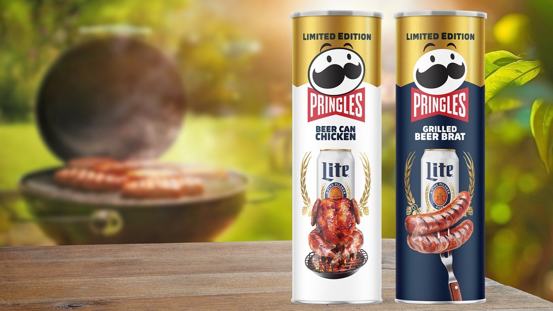 Two Limited Edition Pringles cans: Beer Can Chicken and Grilled Beer Brat, against a blurred BBQ scene.