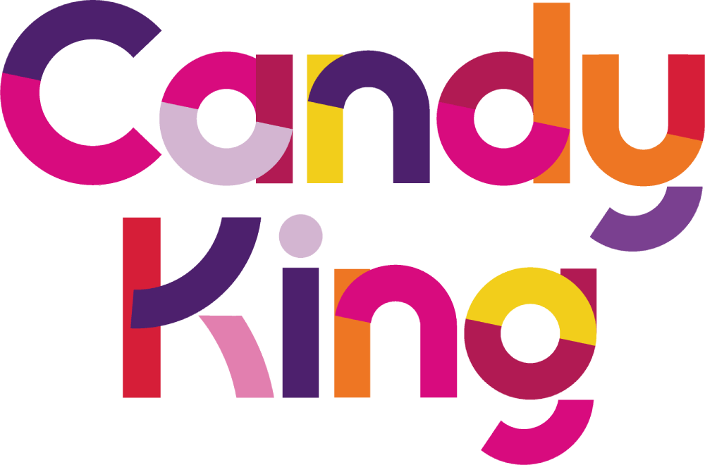 Colorful "Candy King" logo with segmented letters in various hues like pink, purple, yellow, and orange.