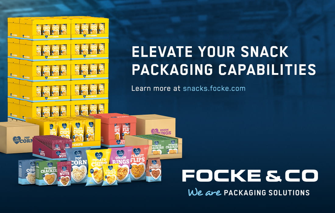 Focke & Co ad displaying various snack packages and boxes, promoting packaging solutions.