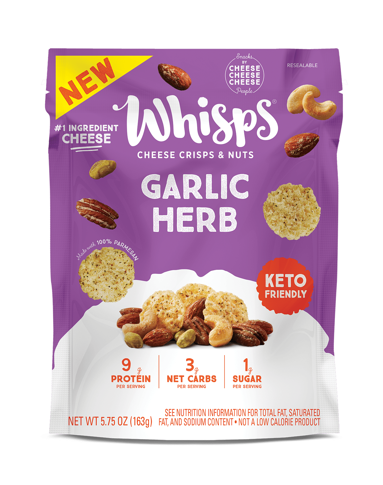 Bag of Whisps, Resealable pouch, Cheese crisps, Nuts, Purple, Text