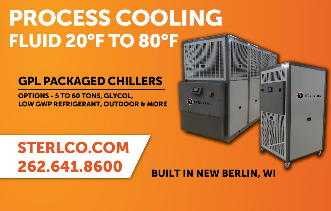 Ad for Sterling GPL Packaged Chillers, 5-60 tons, for process cooling fluid 20-80°F. Two units displayed.