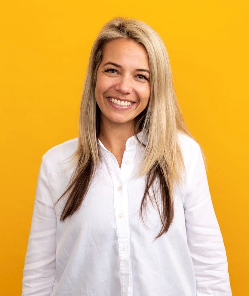 Headshot, Portrait, Yellow background, Smile, Hairstyle, Button-up shirt