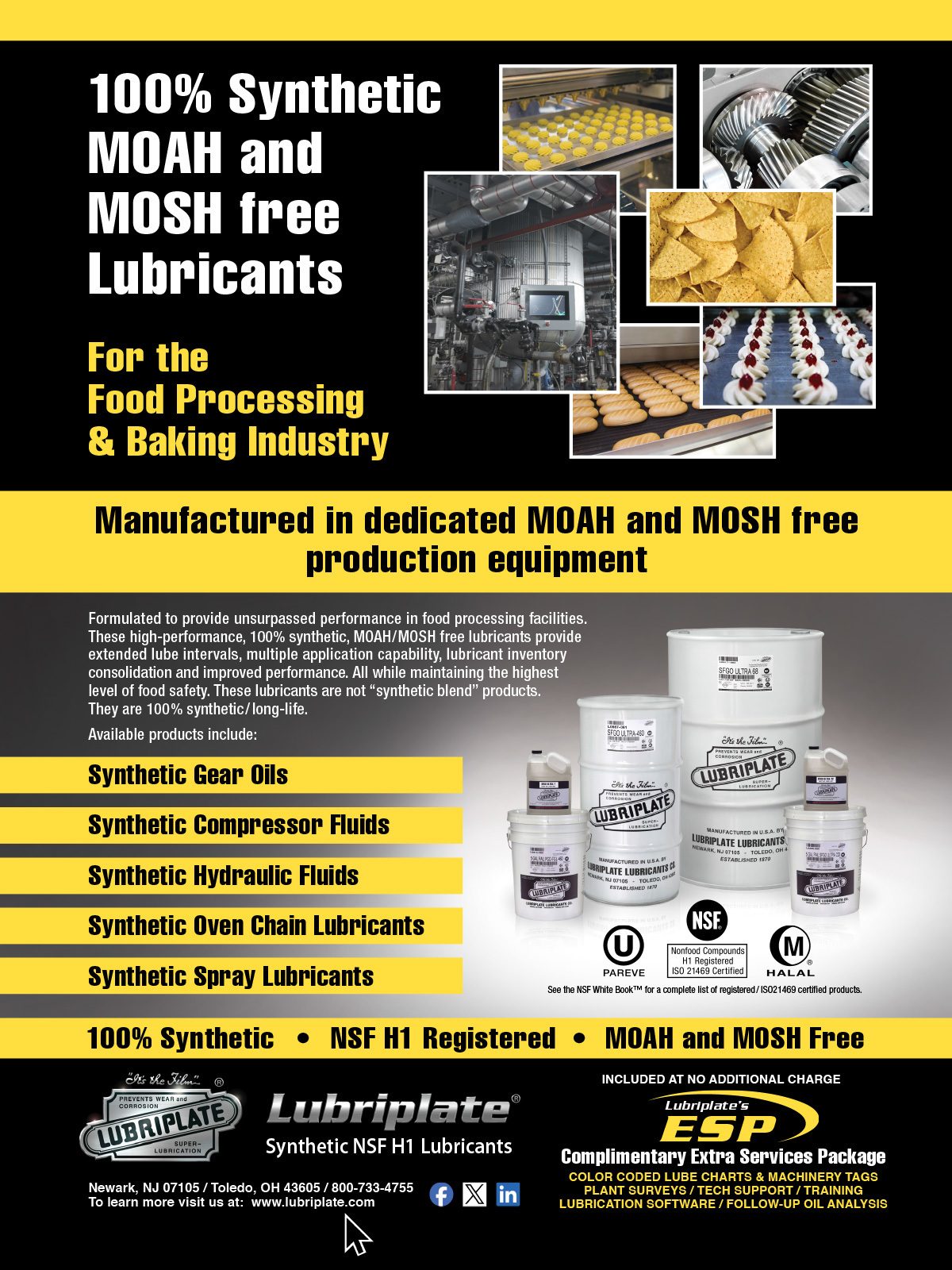 Lubriplate's 100% synthetic, MOAH/MOSH-free lubricants for food processing, with product examples.