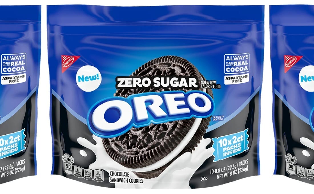 New Zero Sugar Oreo bags, made with real cocoa, aspartame free.