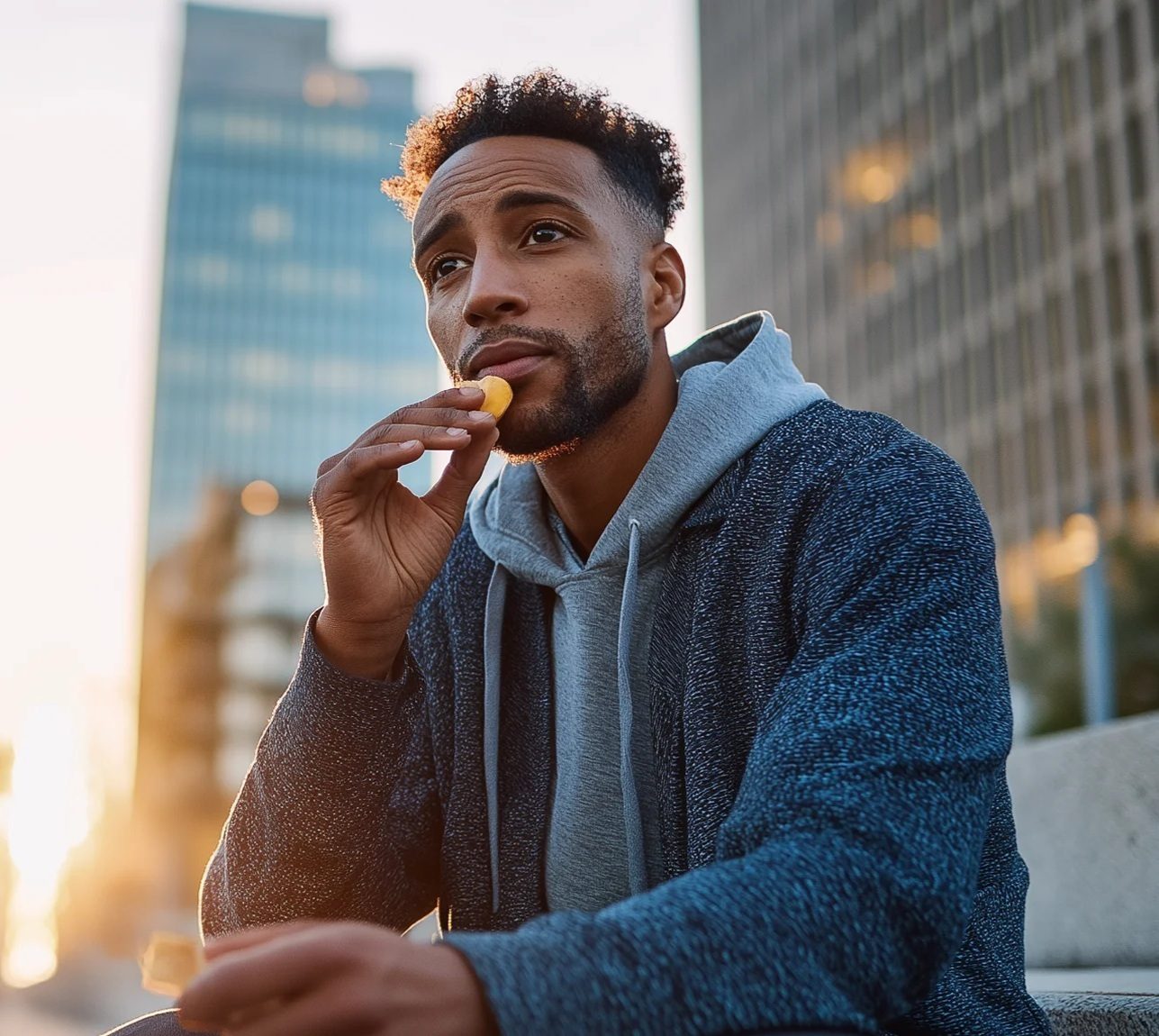 Man in hoodie and jacket eating a snack outdoors, looking thoughtful in city at sunset.