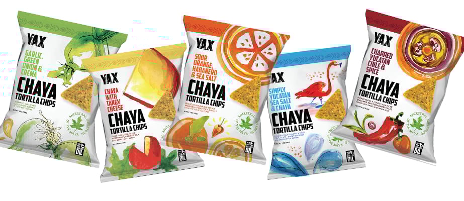 Five bags of YAX Chaya Tortilla Chips in various flavors.