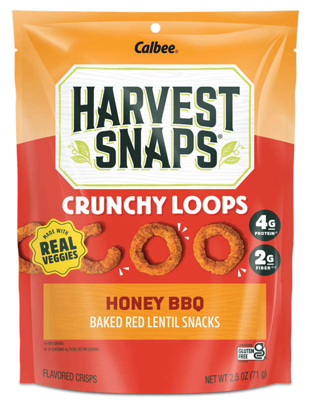Calbee Harvest Snaps Honey BBQ Crunchy Loops, baked red lentil snacks, with real veggies.