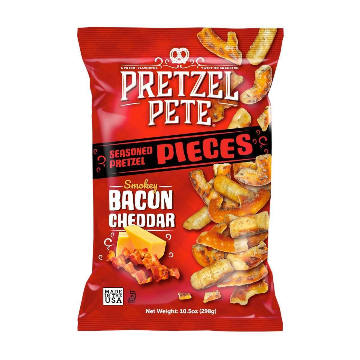 Pretzels, Bag, Product, Red, Bacon, Cheddar, Seasoned pretzels