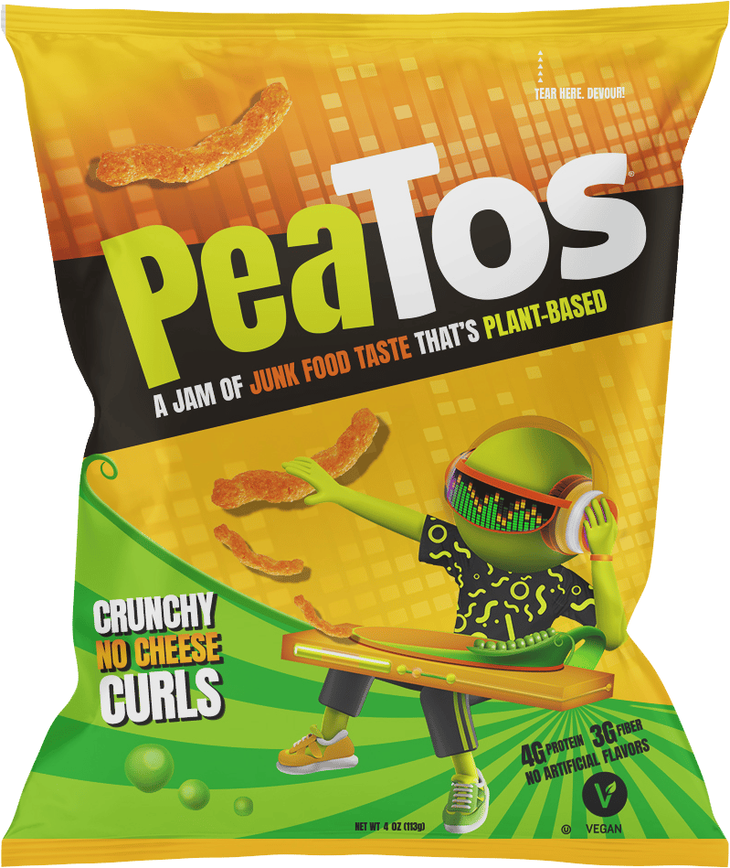 Bag of PeaTos, Orange, Yellow, Green, Black, DJ Illustration, Font