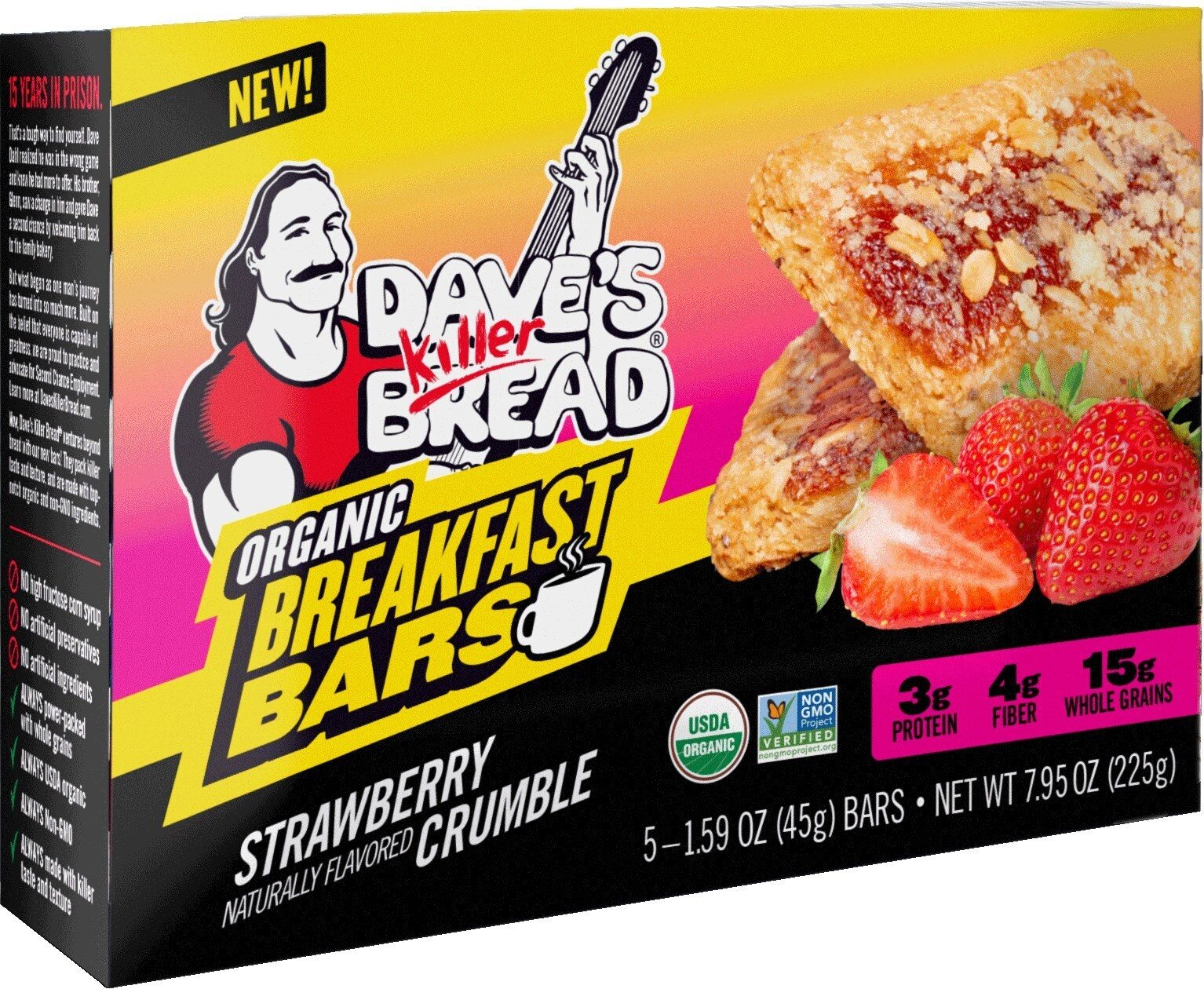 New Dave's Killer Bread Organic Strawberry Crumble Breakfast Bars box, with bars and strawberries.