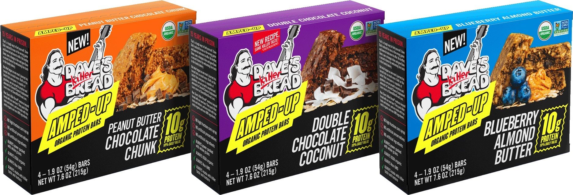 Three boxes of Dave's Killer Bread Amped-Up protein bars: Peanut Butter Chocolate Chunk, Double Chocolate Coconut, Blueberry Almond Butter.