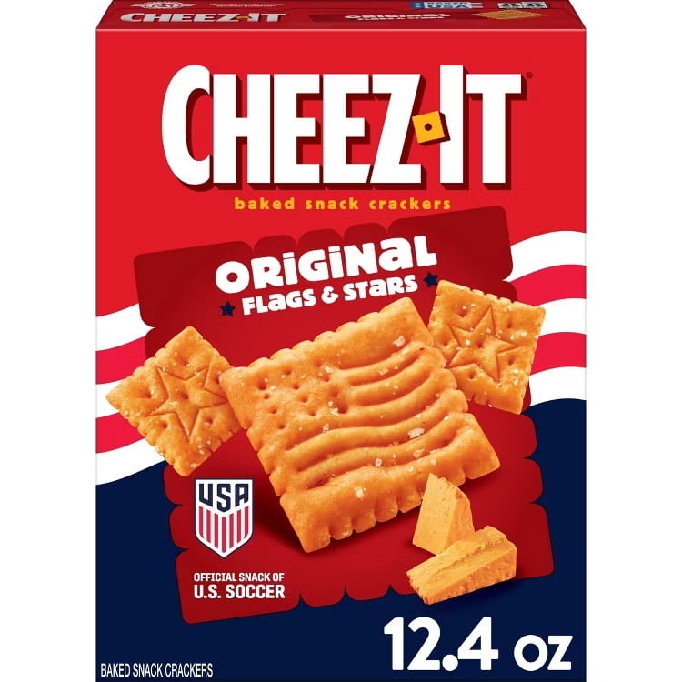 Cheez-It Original Flags & Stars baked snack crackers box, U.S. Soccer themed.