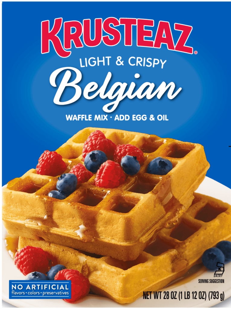 Krusteaz Light & Crispy Belgian Waffle Mix box, featuring waffles with berries and syrup.