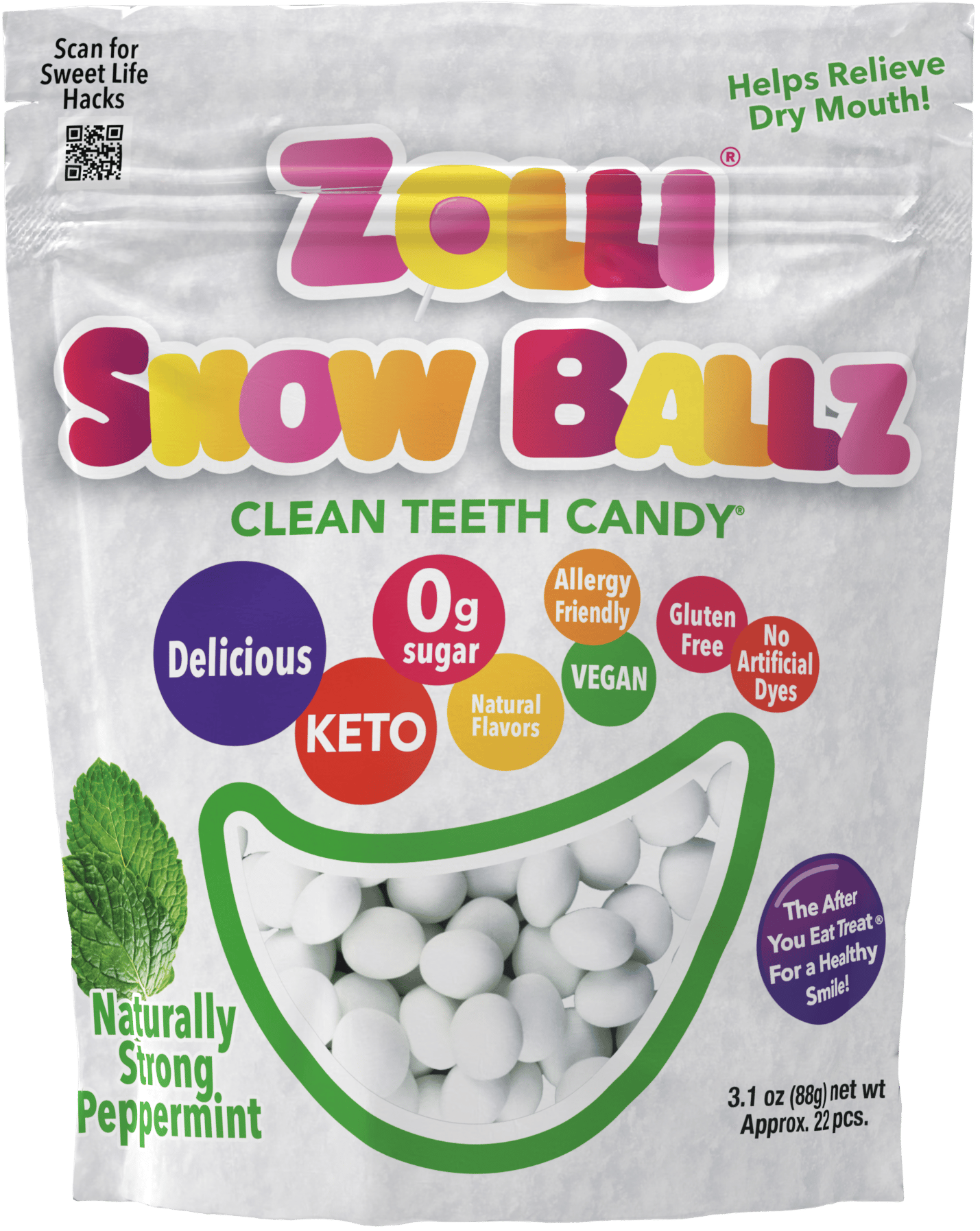 Zolli Snow Ballz clean teeth candy in white packaging with callouts on the front such as “naturally strong peppermint,” “delicious,” “keto,” and “0g sugar.”