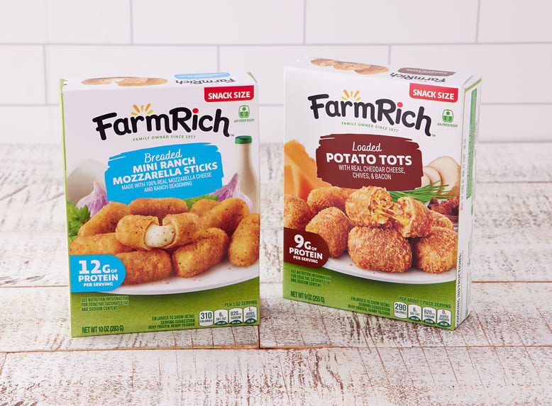 Two Farm Rich snack boxes, one for Mini Ranch Mozzarella Sticks and one for Loaded Potato Tots.
