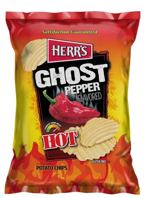 Snack bag, Product, Potato crisps, Hot red pepper, Logo, Packaging